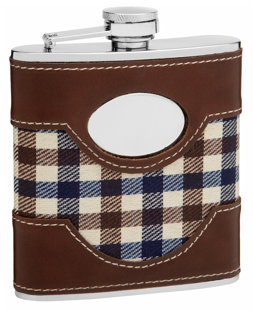 ''Faux Leather and Cloth Hip Flask Holding 6 oz - Plaid Golf Design - Pocket Size, Stainless Steel, R